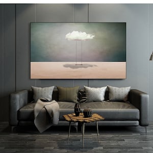 Surreal White Cloud Painting: Minimalist Beige Wall Art image 7