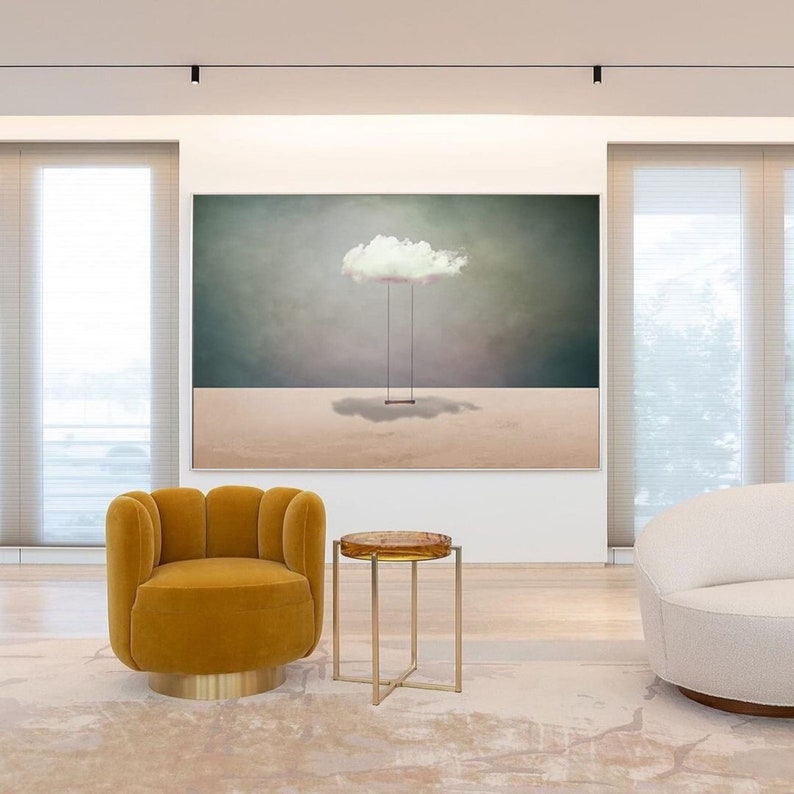 Surreal White Cloud Painting: Minimalist Beige Wall Art image 2