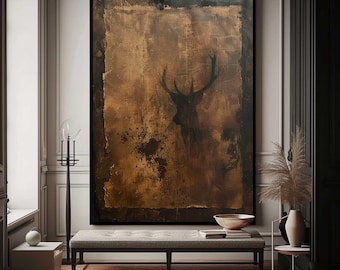 Brown Wabi-Sabi Wall Art Black Brown Abstract Painting Medieval Black Deer Painting Black Minimalist Wall Decor Black Dark Brown Wall Art