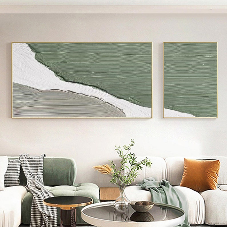 Living Room Wall Art Set of 2 Green 3D Textured Painting Gray Etsy