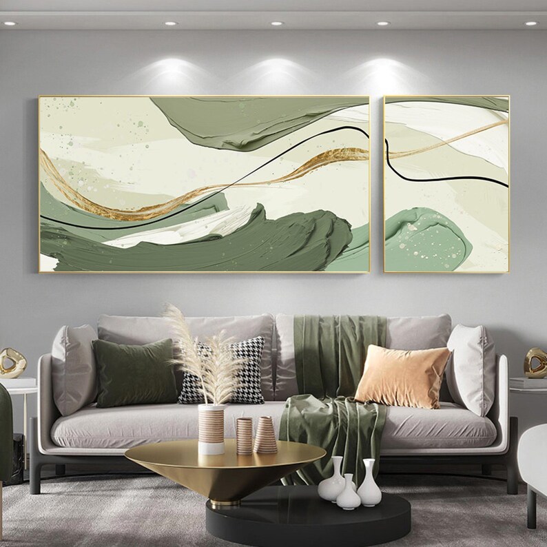 Living Room Wall Art Set of 2 Green 3D Textured Painting Green Etsy