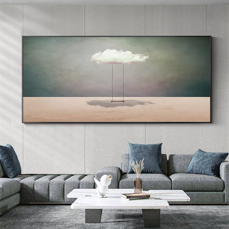 Surreal White Cloud Painting: Minimalist Beige Wall Art image 8