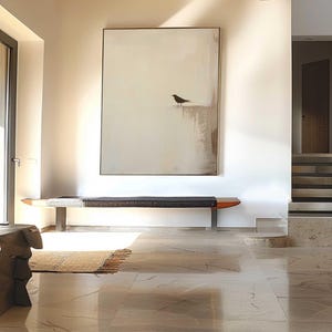 Origineel beige abstract vogelschilderij, minimalistische Wabi-Sabi muurkunst, modern neutraal interieur afbeelding 3