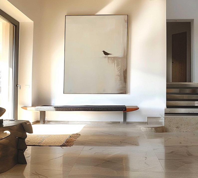 Origineel beige abstract vogelschilderij, minimalistische Wabi-Sabi muurkunst, modern neutraal interieur afbeelding 3