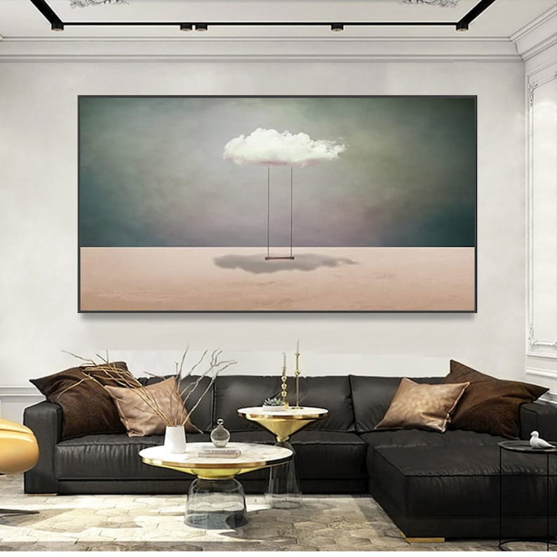 Surreal White Cloud Painting: Minimalist Beige Wall Art image 6