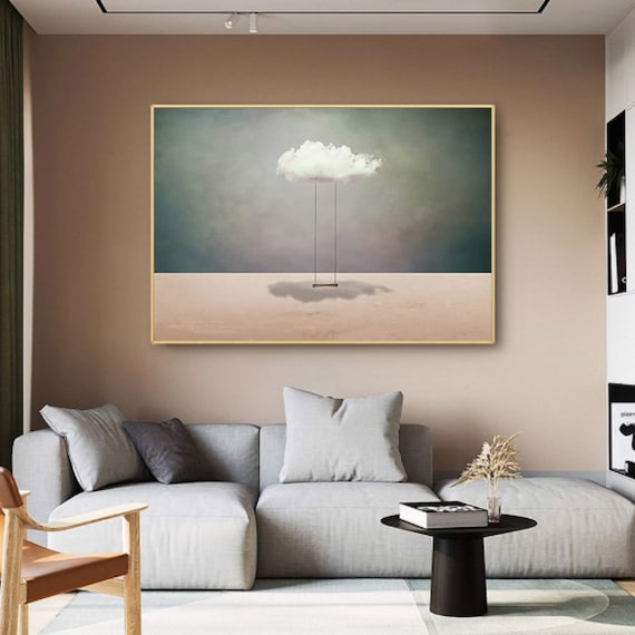 Surreal White Cloud Painting: Minimalist Beige Wall Art