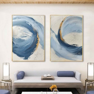 Light Blue Minimalist Art Set of 2 Living Room Texture Art Hand-drawn ...