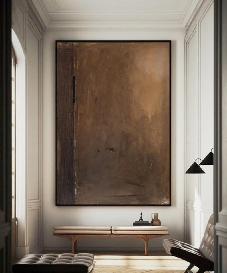 Pintura Wabi-Sabi Marrom, Pintura Abstrata Marrom Escuro, Pintura a Óleo Medieval Marrom, Decoração de Parede Minimalista Preta, Arte de Parede em Tela Preta imagem 1