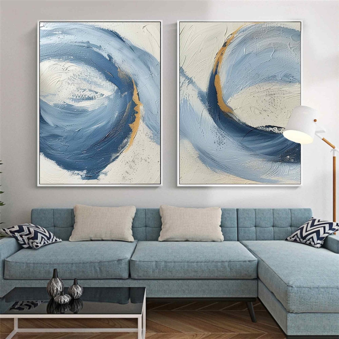 Light Blue Minimalist Art Set of 2 Living Room Texture Art Hand-drawn ...