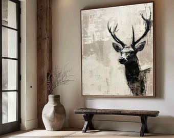 Beige Deer Abstract Painting: Black Minimalist Wabi-Sabi Wall Art