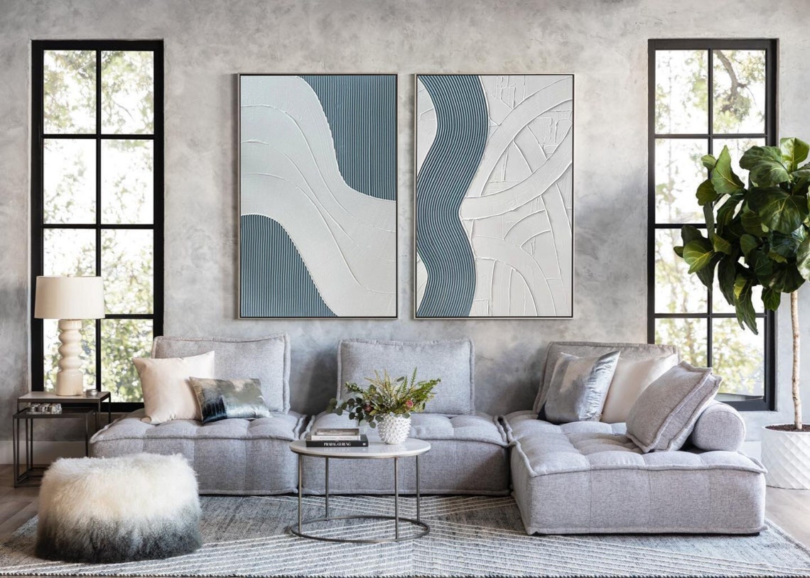 Light Blue Minimalist Art Set of 2 Living Room Texture Art Etsy
