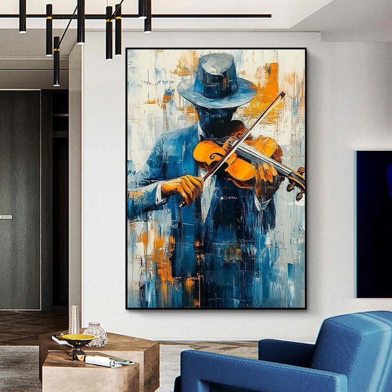 Original Violinist Abstract Wall Art Orange and Light Blue Abstract