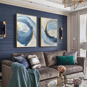 Light Blue Minimalist Art Set of 2 Living Room Texture Art Hand-drawn ...