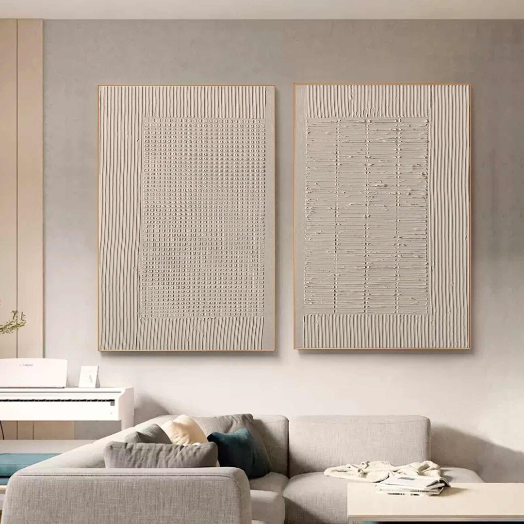 Pure Beige Minimalist Art Living Room Set of 2 Art Beige Wall Decor the