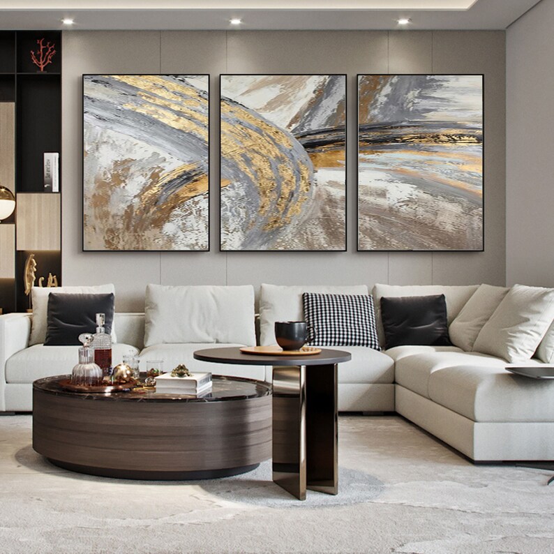 Gold Brown Super Large Abstract Art Set of 3 Gold Brown Etsy