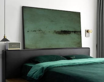 Dark Green Abstract Painting: Minimalist Living Room Wall Art