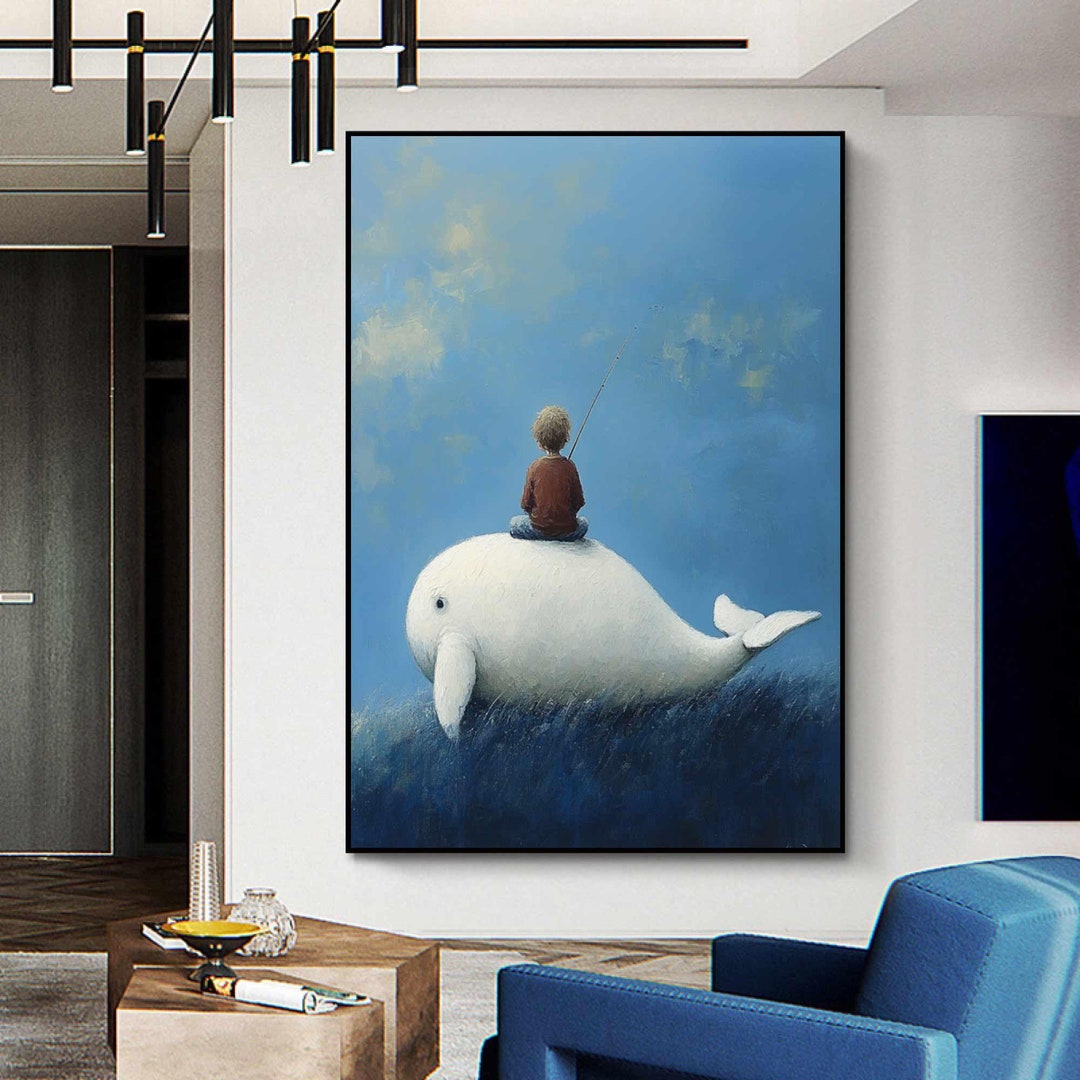 Pure Blue White Whale Painting Emerald Blue Wall Art Abstract Art