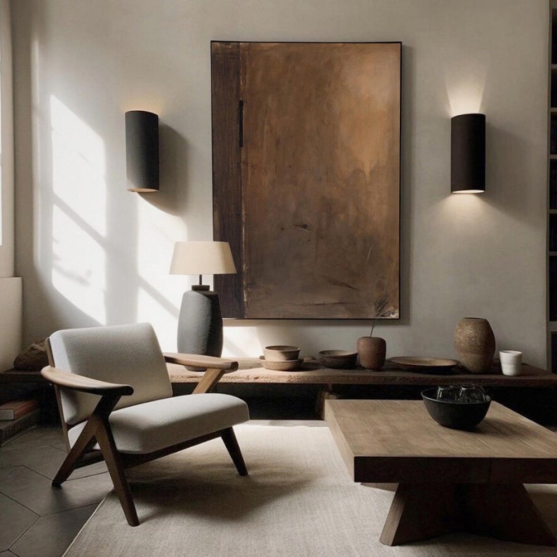 Pintura Wabi-Sabi Marrom, Pintura Abstrata Marrom Escuro, Pintura a Óleo Medieval Marrom, Decoração de Parede Minimalista Preta, Arte de Parede em Tela Preta imagem 6