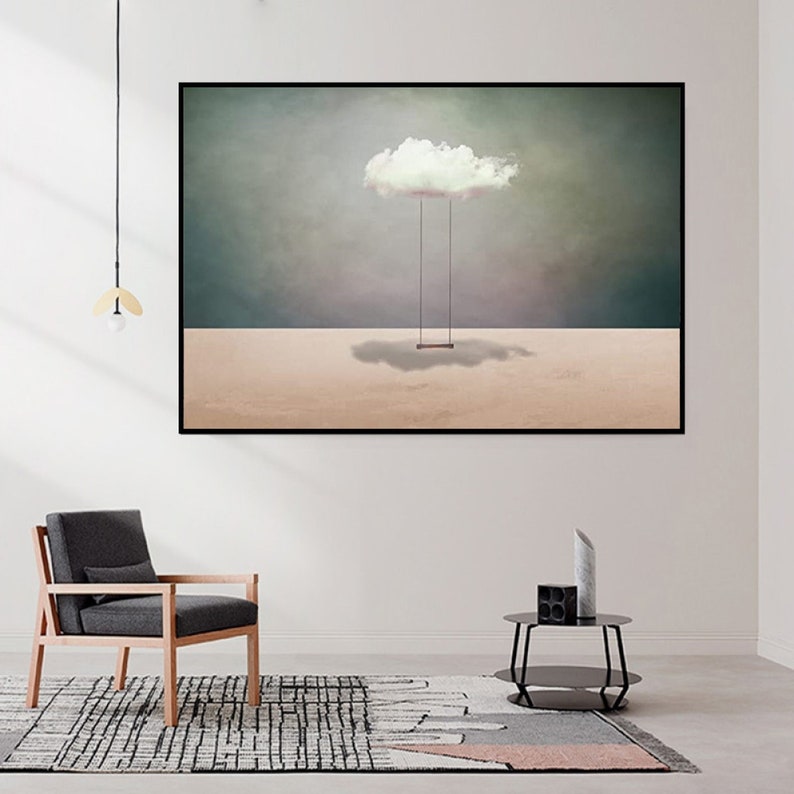 Surreal White Cloud Painting: Minimalist Beige Wall Art image 3