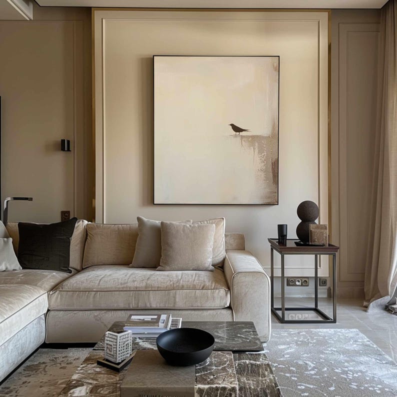 Origineel beige abstract vogelschilderij, minimalistische Wabi-Sabi muurkunst, modern neutraal interieur afbeelding 8