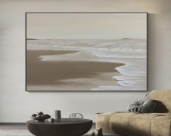 Textured Seaside Landscape Painting: Beige Brown Modern Wall Art