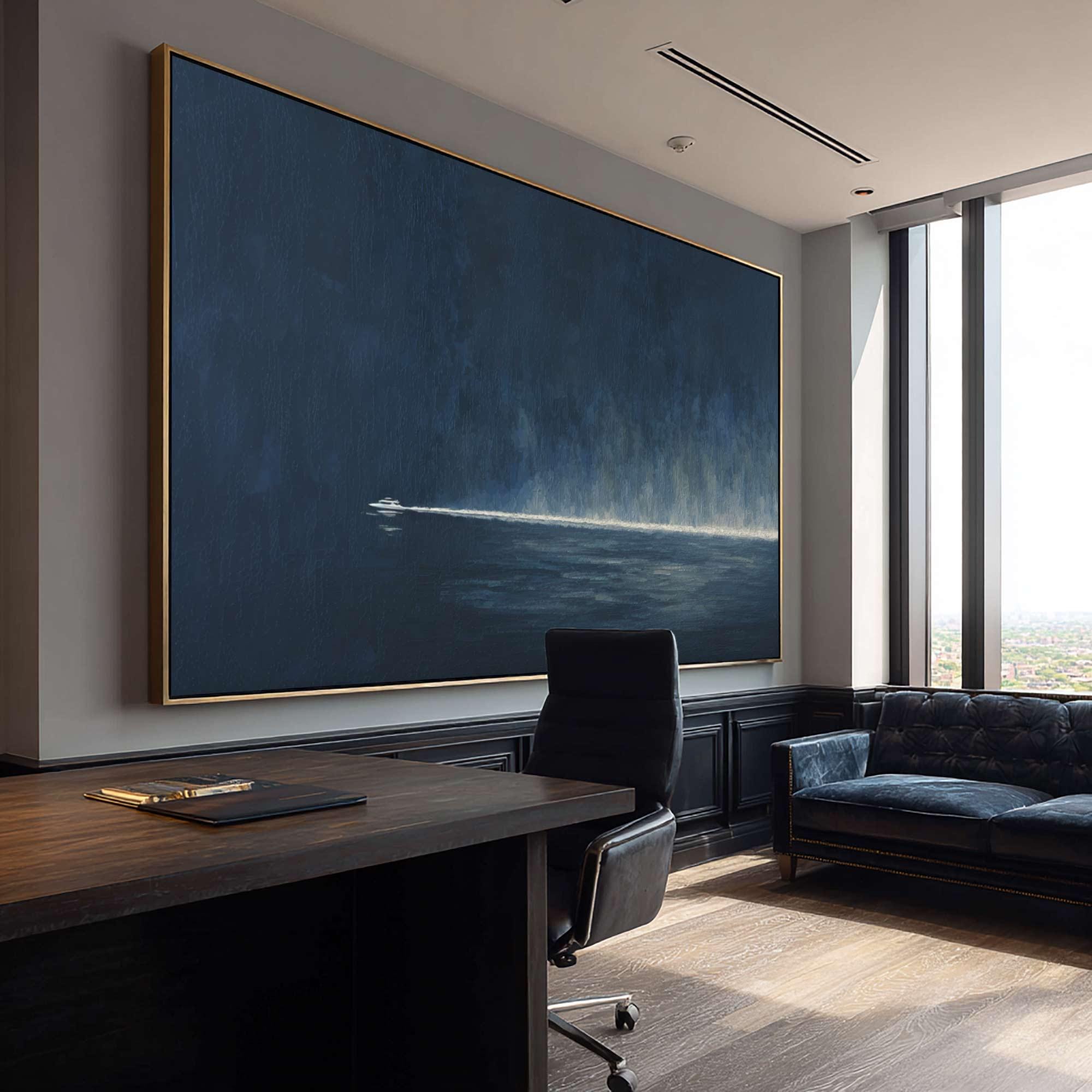 Dark Blue Horizon Oil Painting Abstract Speedboat Canvas Art Large