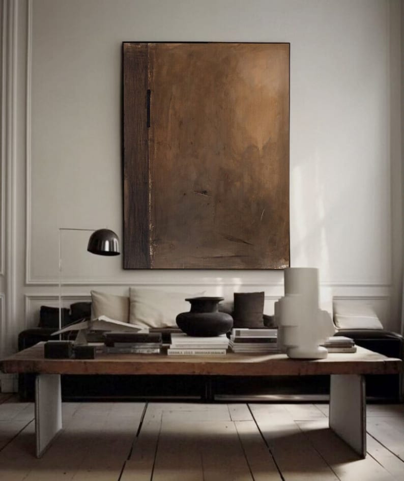 Pintura Wabi-Sabi Marrom, Pintura Abstrata Marrom Escuro, Pintura a Óleo Medieval Marrom, Decoração de Parede Minimalista Preta, Arte de Parede em Tela Preta imagem 5