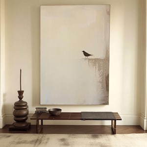 Origineel beige abstract vogelschilderij, minimalistische Wabi-Sabi muurkunst, modern neutraal interieur afbeelding 2