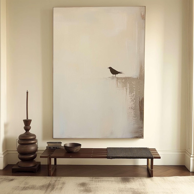 Origineel beige abstract vogelschilderij, minimalistische Wabi-Sabi muurkunst, modern neutraal interieur afbeelding 2