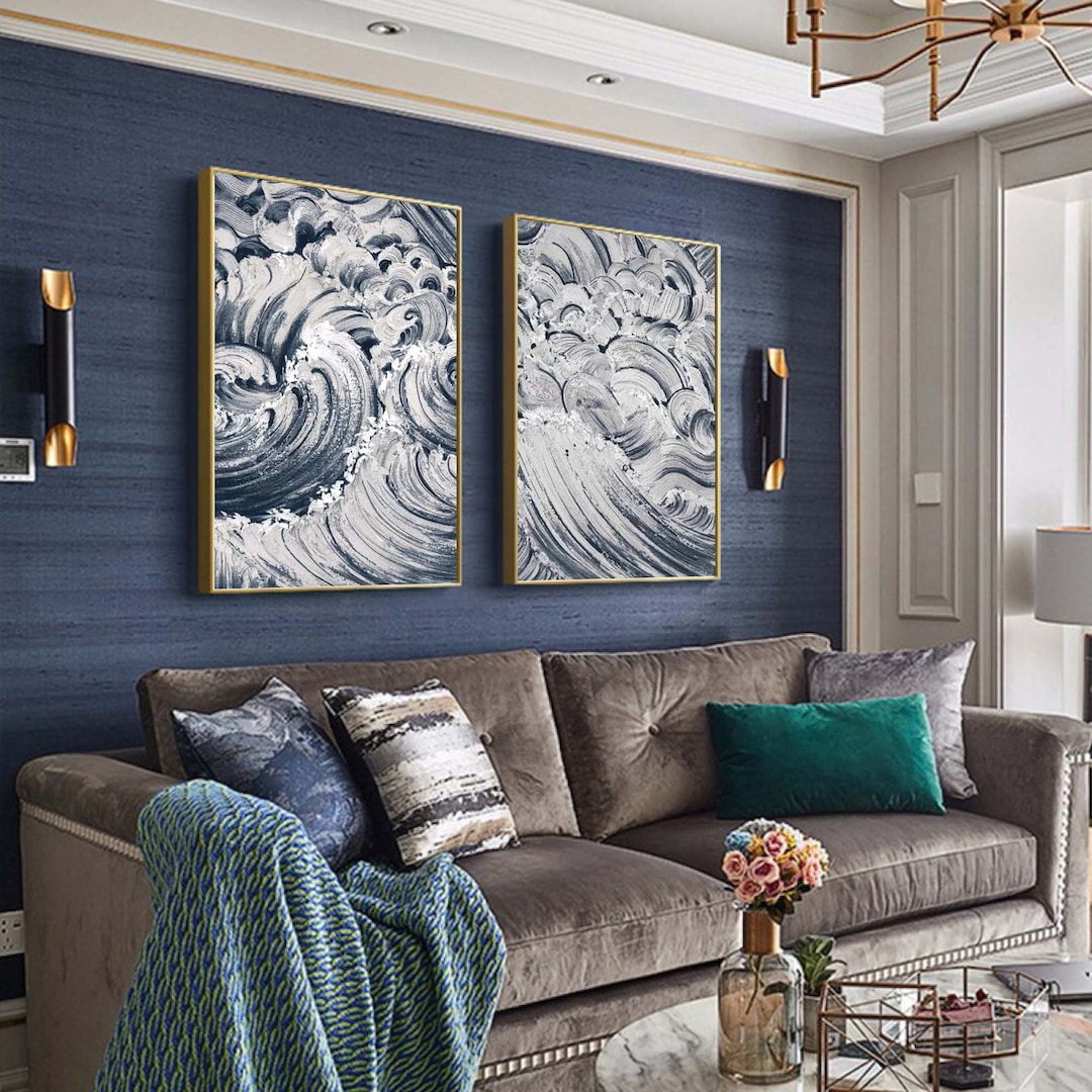 Blue Minimalist Art Set of 2 Living Room Texture Wall Art Handdrawn