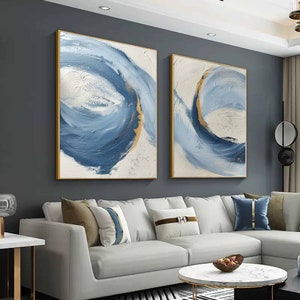 Light Blue Minimalist Art Set of 2 Living Room Texture Art Hand-drawn ...