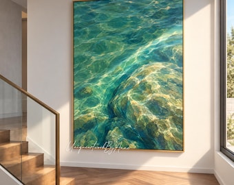 Coastal Wall Art: Sea Green Water Painting with Sunlit Rocks, Contemporary Impressionist Landscape Canvas