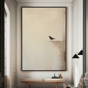 Sala de estar Arte minimalista Arte de parede bege puro Pintura Wabi-Sabi bege Decoração moderna para casa Decoração bege neutra Pintura abstrata de pássaros