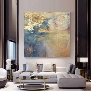 Handgemalte abstrakte Malerei in Blau und Gold: Strukturierte Wandkunst