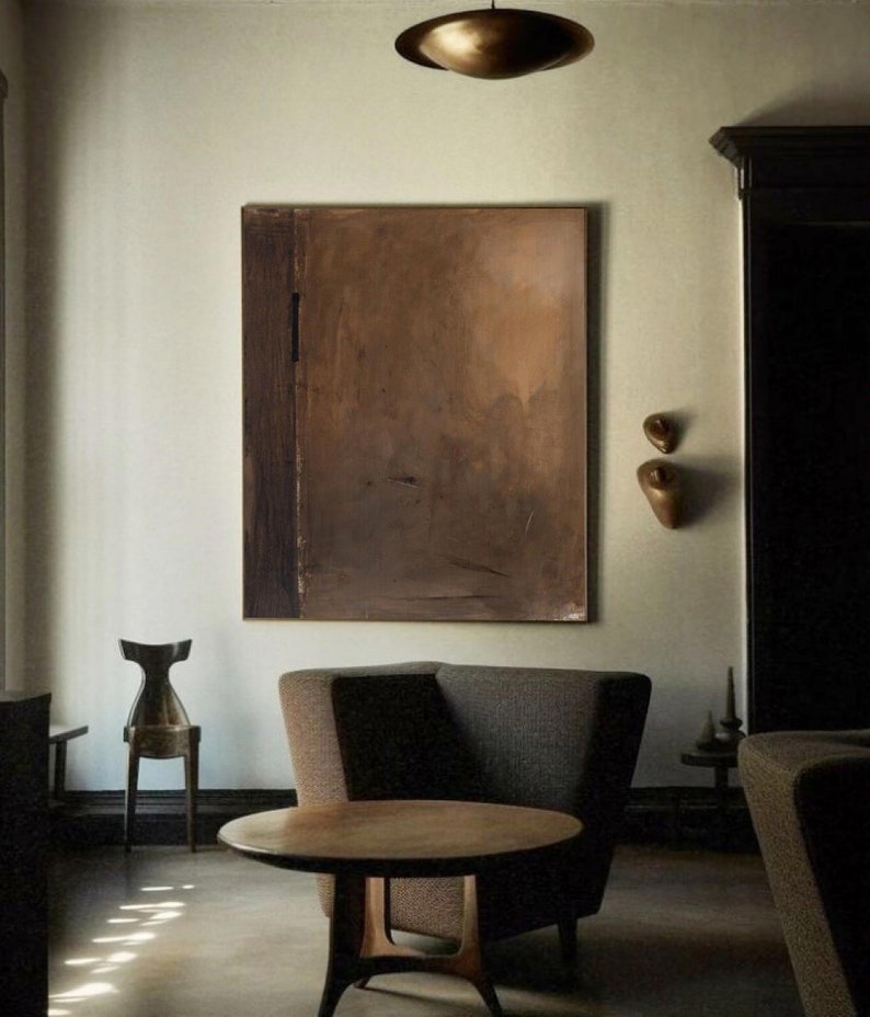 Pintura Wabi-Sabi Marrom, Pintura Abstrata Marrom Escuro, Pintura a Óleo Medieval Marrom, Decoração de Parede Minimalista Preta, Arte de Parede em Tela Preta imagem 8