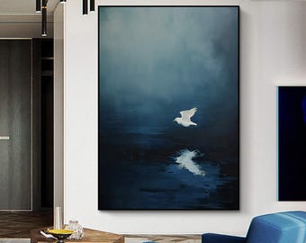 Emerald Blue Birds Painting· Emerald Blue Wall Art · Abstract Art Painting · Minimalist Wall Art · Maximalist Decor · Dark Blue Wall Art