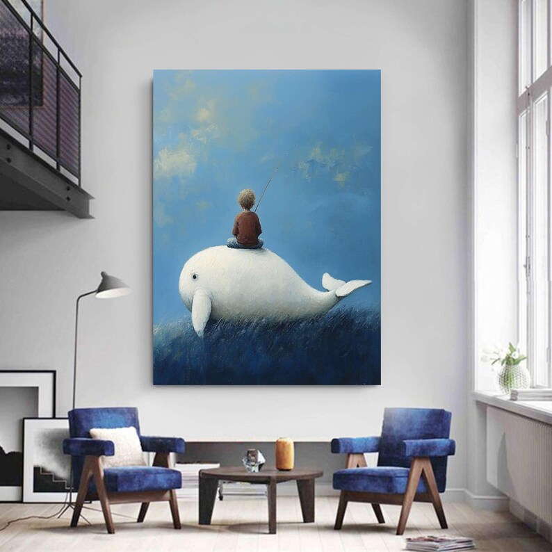 Pure Blue White Whale Painting Emerald Blue Wall Art Abstract Art