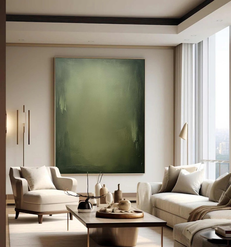 Modern Painting Olive Green Minimalist Art Olive Green Abstract Painting Neutral Green Painting Pure Green Wall Decor Wabi-Sabi Wall Art image 2