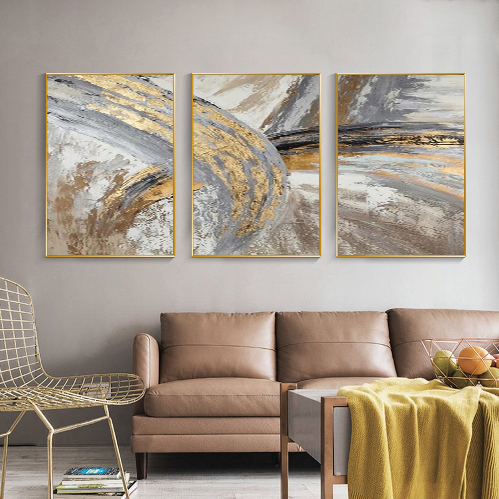 Gold Brown Super Large Abstract Art Set of 3 Gold Brown Etsy