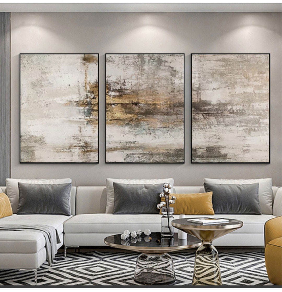 Beige Brown Abstract Landscape Painting Living Room Set of 3 Painting Beige Brown Landscape Art ...