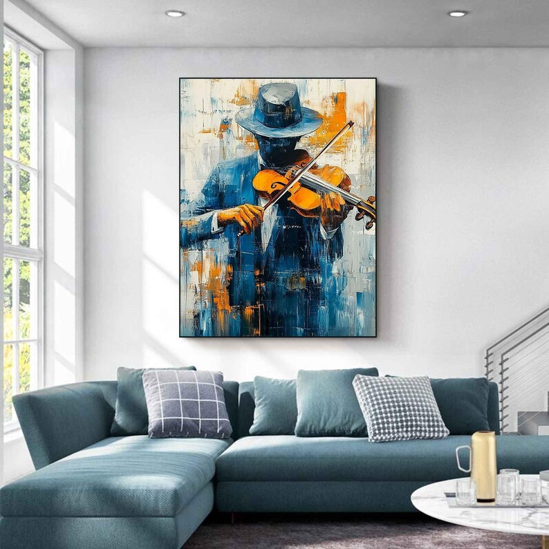Original Violinist Abstract Wall Art Orange and Light Blue Abstract