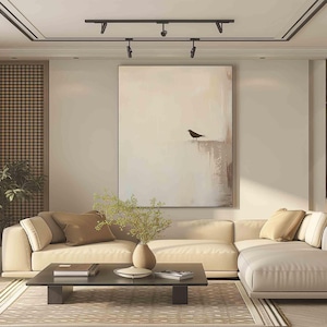Origineel beige abstract vogelschilderij, minimalistische Wabi-Sabi muurkunst, modern neutraal interieur afbeelding 4