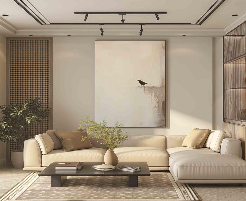 Origineel beige abstract vogelschilderij, minimalistische Wabi-Sabi muurkunst, modern neutraal interieur afbeelding 4