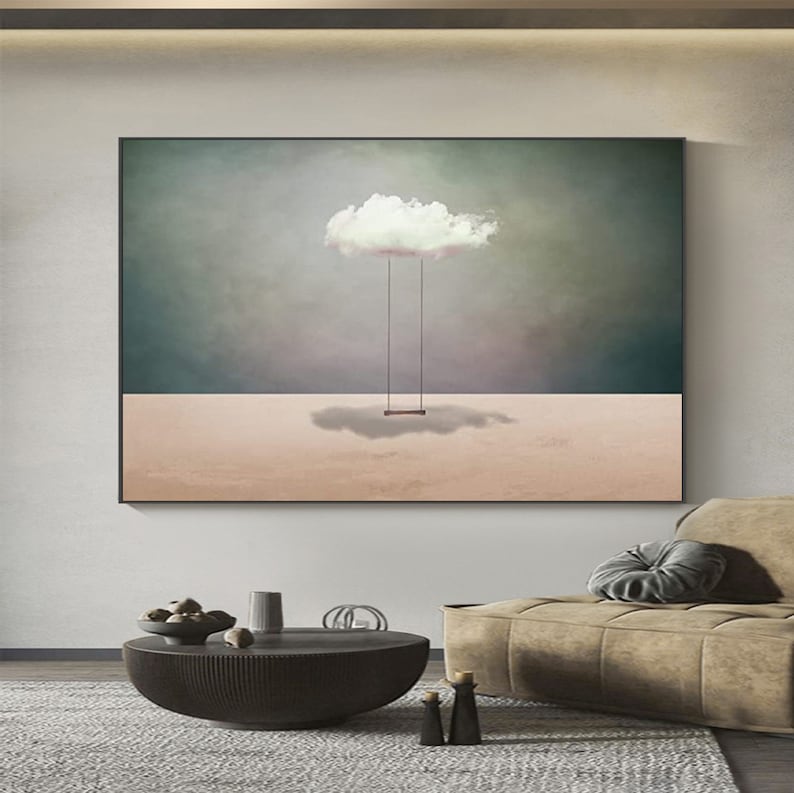 Surreal White Cloud Painting: Minimalist Beige Wall Art image 5