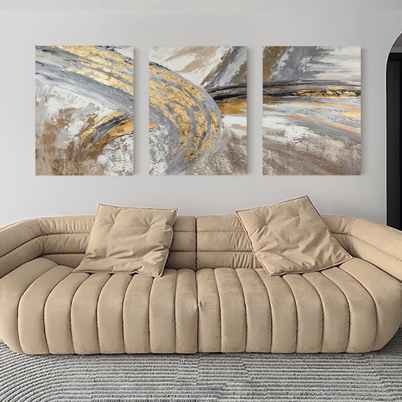 Gold Brown Super Large Abstract Art Set of 3 Gold Brown Etsy