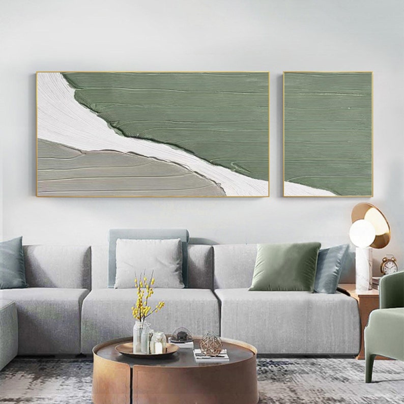 Living Room Wall Art Set of 2 Green 3D Textured Painting Gray Etsy