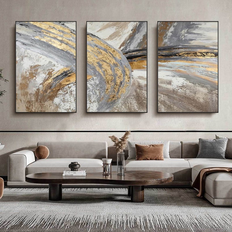 Gold Brown Super Large Abstract Art Set of 3 Gold Brown Etsy