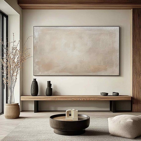 Large Beige Abstract Painting Wabi-Sabi Wall Art Mid Century Modern Decor