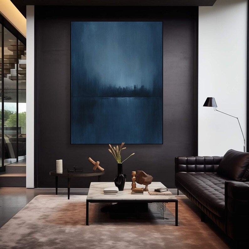 Dark Blue Wall Decor Modern Abstract Painting Pure Blue Minimalist