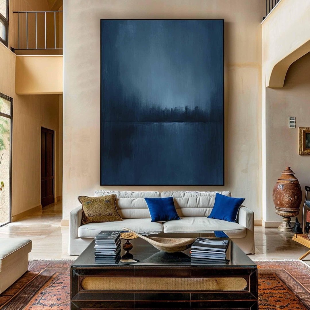 Dark Blue Wall Decor Modern Abstract Painting Pure Blue Minimalist